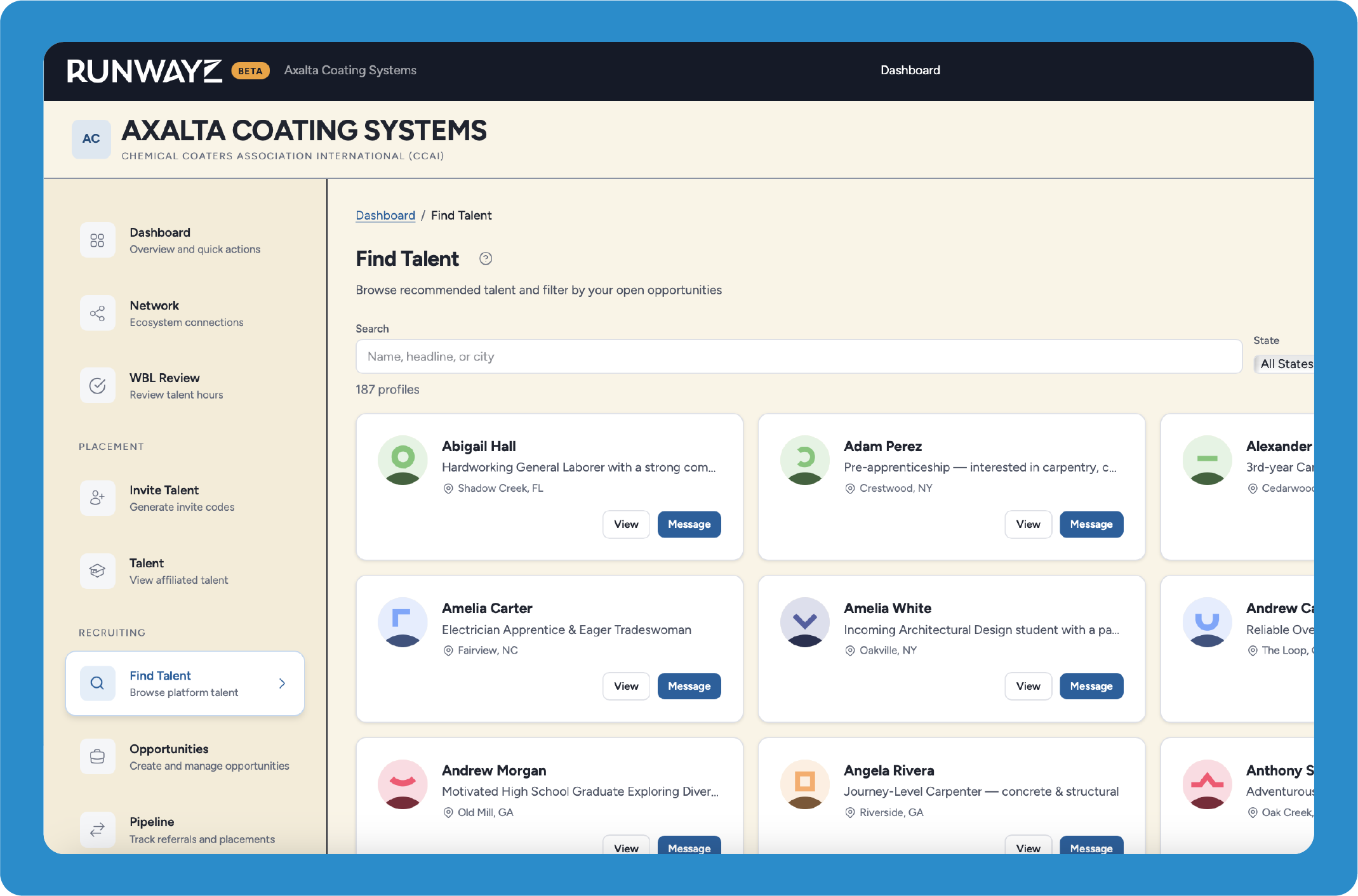 Runwayz View and Search Interested Talent screen