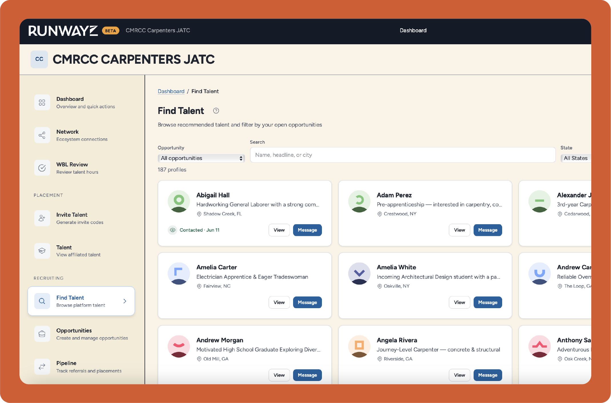 Runwayz View and Search Interested Talent screen